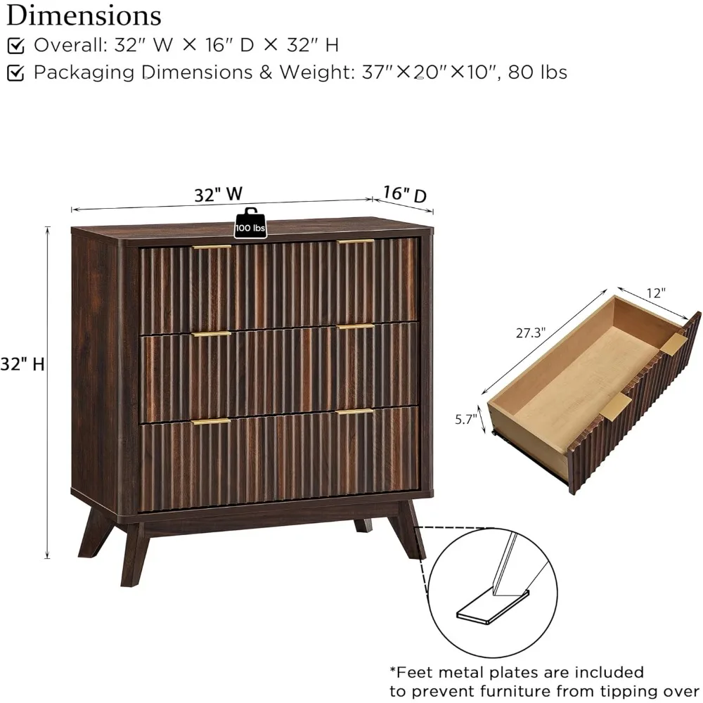 32" Tall Fluted Nightstand Set of 2, Modern Side Table, 3 Drawers End Table w/Storage, Bedside for Bedroom, Nightstands 3