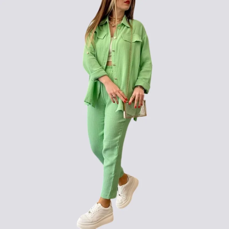 

Fashion Casual Turn-Down Long Sleeve Cardigan Long Pant Gauze Two Piece Set for Women Spring and Summer Solid Color Homewear