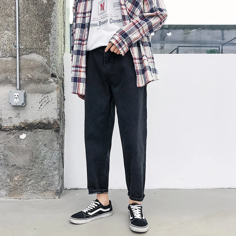 Summer Korean Style 2022 Brand Straight Jeans Male Teenagers Handsome Trendy Grey And Black Loose Ankle Length Casual Pants