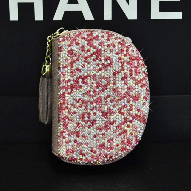 

Diamond Encrusted Leather Wallet Ladies Clutch Shiny Rhinestones Credit Card Holder Card Cover Large Capacity Zipper Wallet Pink