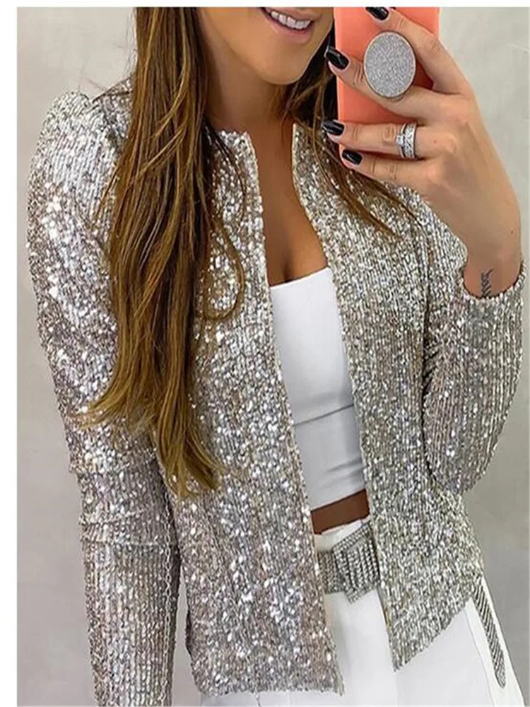

2023 Fashion Sequin Jackets Women Glitter Long Sleeve Short Coats Elegant Spring Outwear Office Ladies Solid Streetwear