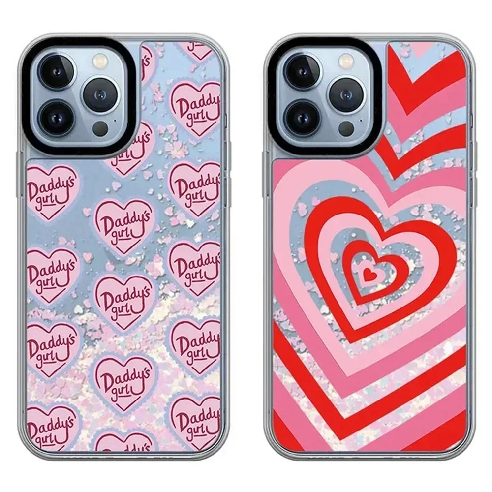 

Transparent Border Silver Quicksand Pink Heart Pattern iPhone 11 12 13 14 15 Pro Max Protective Case