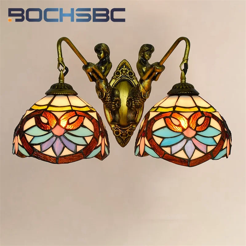 

BOCHSBC Tiffany style Mermaid double head wall lamp Love stained glass Living Room Bar Restaurant Bedroom hallway LED decor