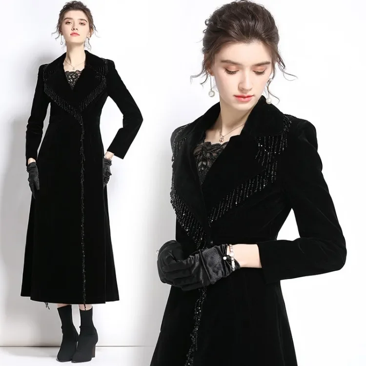

Runway Winter Tassels Trench Jacket Coat Women Vintage Notched Black Overcoat Thick Warm Pocket Long Maxi Trench Coat Outwear