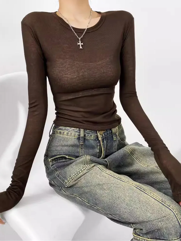 Spring and summer women's round neck slim fit long sleeved semi transparent T-shirt