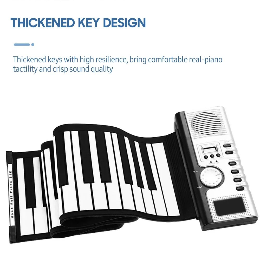 Customizable 61 Keys Roll Up Piano Keyboard Portable Soft Silicone Electronic Piano with Built-in Speaker LCD Display Recording