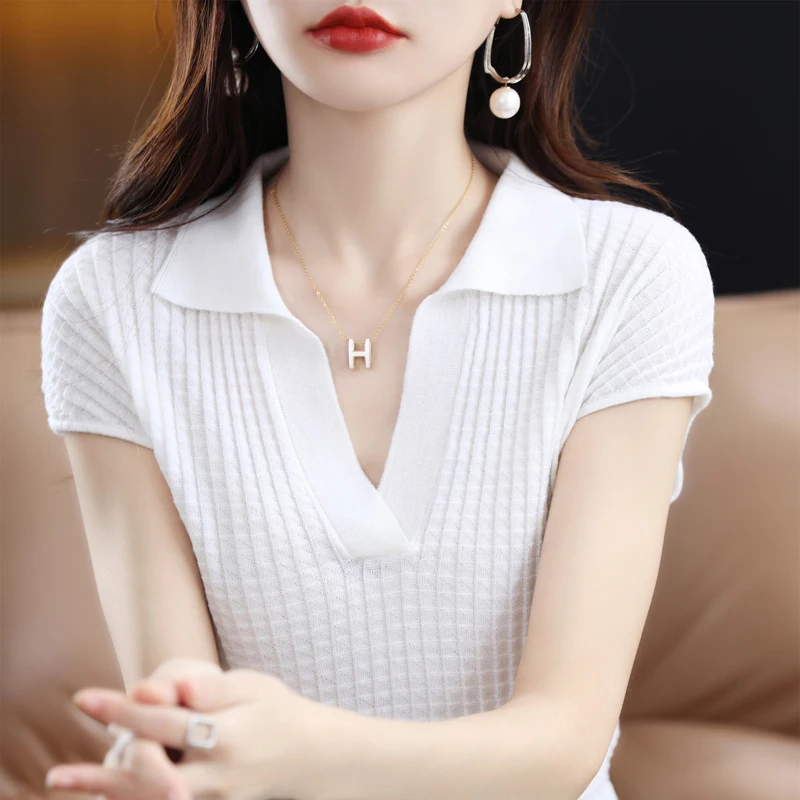 여성용 캐시미어 스웨터, 폴로 티셔츠, 반팔 풀오버, 캐시미어 반팔 니트 탑, 2023 봄 및 가을