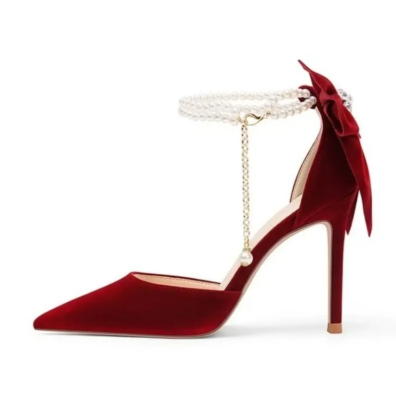 Red Xiuhe Wedding Shoes New Pointy Stiletto High Heels Female Shallow Mouth Bow Pearl One Word Buckle Strap Two Wear Bride Shoes 4