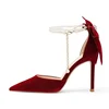 Red Xiuhe Wedding Shoes New Pointy Stiletto High Heels Female Shallow Mouth Bow Pearl One Word Buckle Strap Two Wear Bride Shoes 4