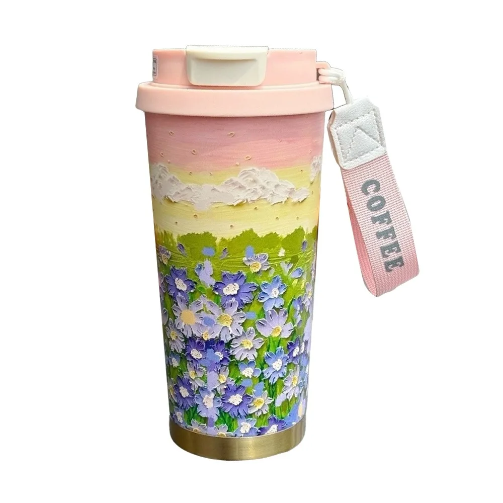 Large Capacity 500ml Portable Insulated Stainless Steel Coffee Mug with Lanyard