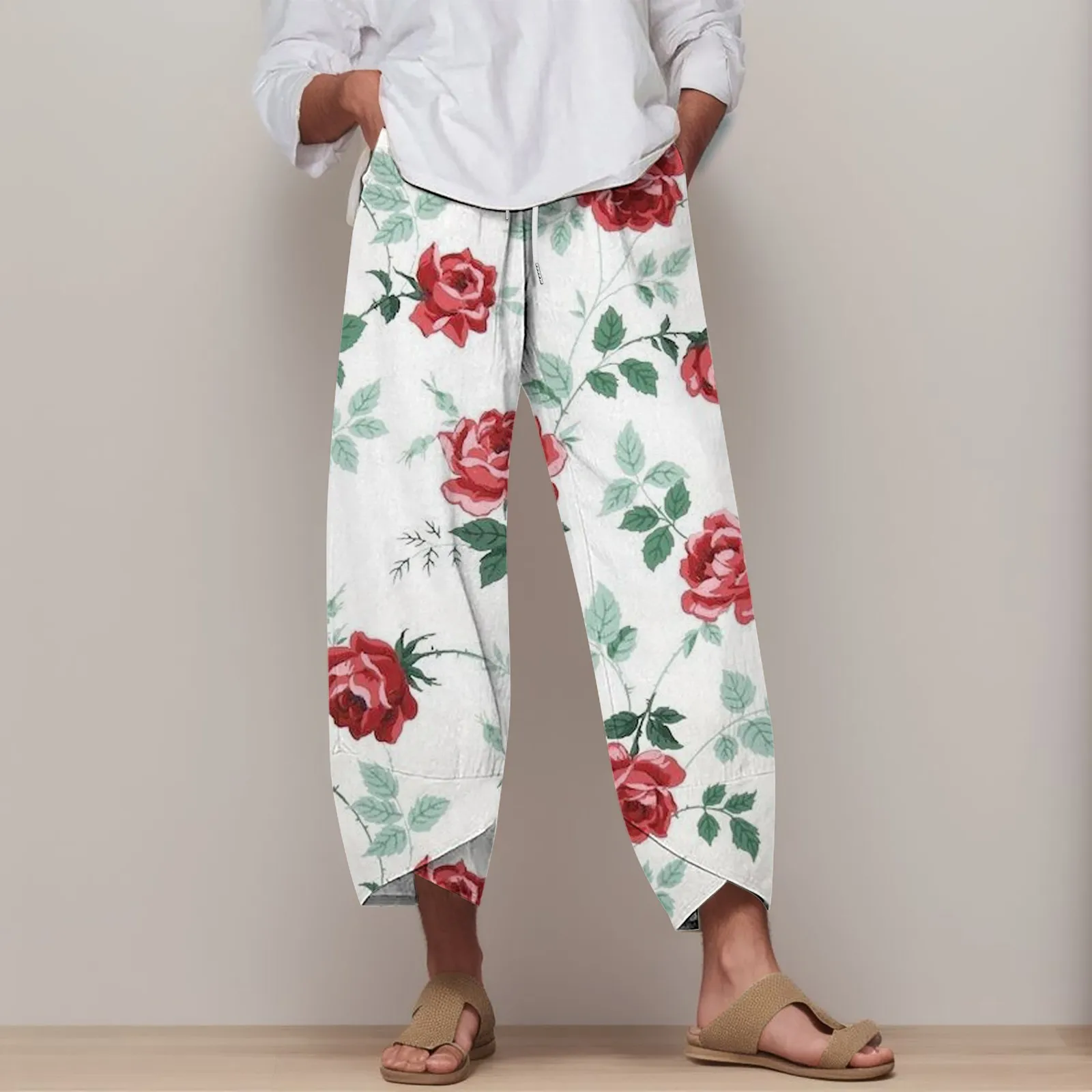 

Vintage Summer Women Harem Pants Floral Printed Wide Leg Cropped Pants Beach Elastic Waist Baggy Trousers Pants Female Trousers