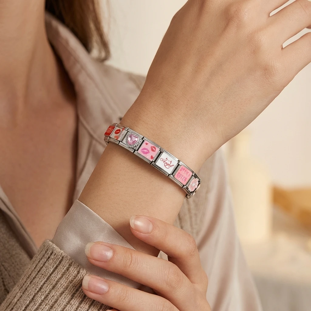 New Personalized ANGEL SEXY 90'S Princess Queen Pink Color Italian Charm 9mm Stainless Steel Making DIY Bracelet Women Jewelry 2