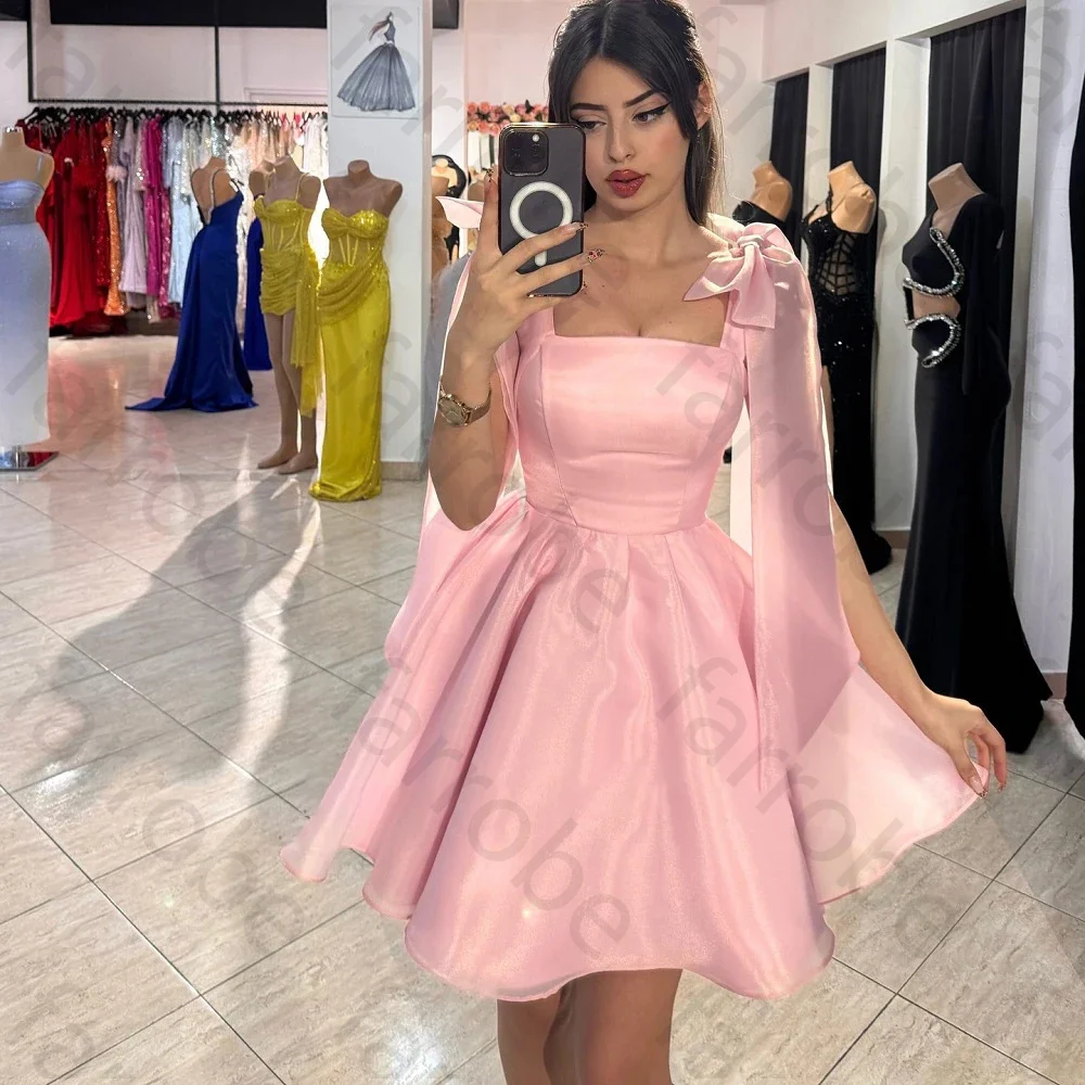 Cute Short Cocktail Dress A Line Bow on Straps Organza Pink Strapless Mini Graduation Prom Dresses