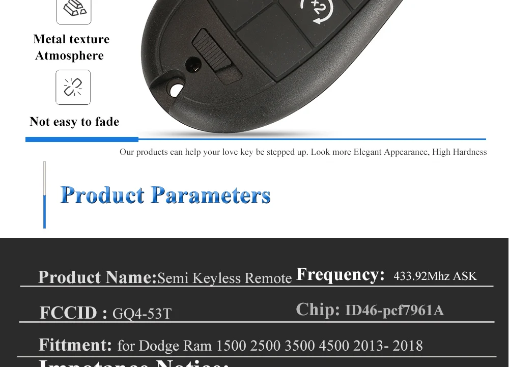 Keyforkess GQ4-53T Fobik Chiave Auto Chiave A Distanza 433MHz ID46-PCF7961A Chip per Dodge RAM 1500 2500 3500 4500 2013-2018 56046953 68159655 - S96e89d5b8add4dd98041ce7d45d466dfl