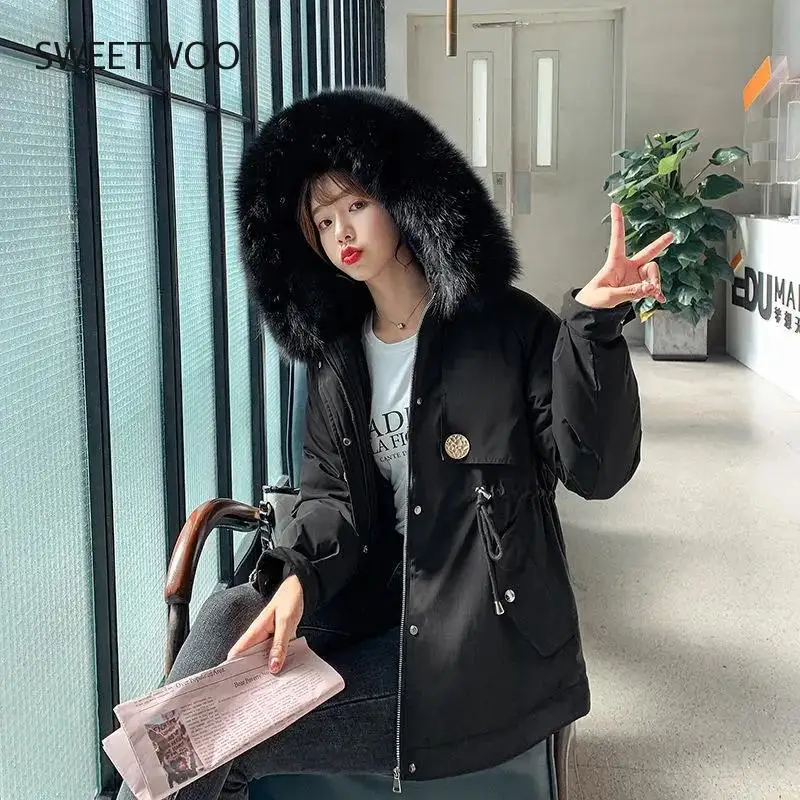 2022 New Fashion Velvet Liner Winter Jacket Women Big Fur Hooded Parkas Female Jacket Coat Warm Casual Loose Winter Outwear Tide