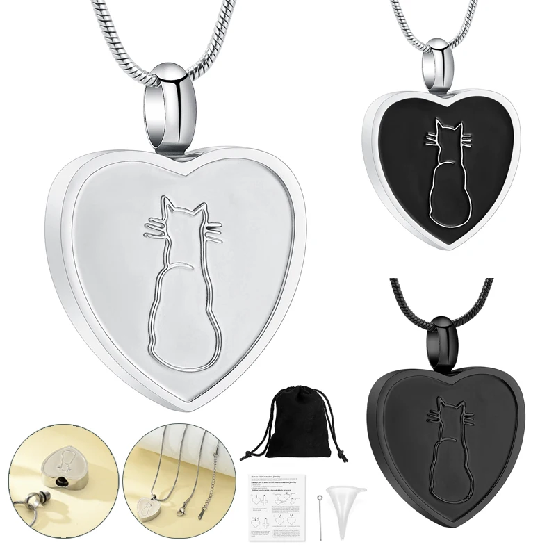 

Heart Cremation Urn Necklace Cat Print Pendant For Pet Ashes Memorial Customize Stainless Steel Keepsake Jewelry