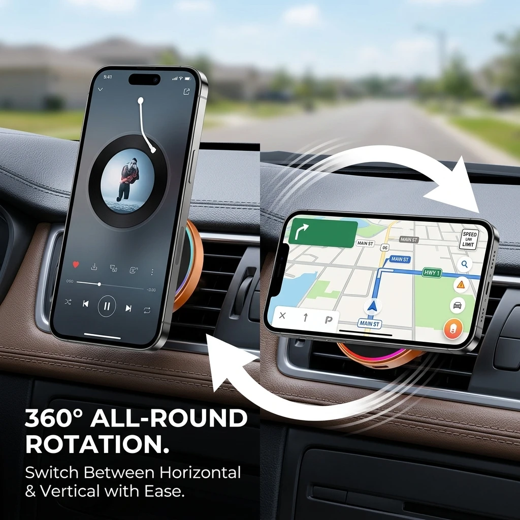 Magnetic Wireless Car Charger with Fast Charging and 360° Rotating Universal Mount