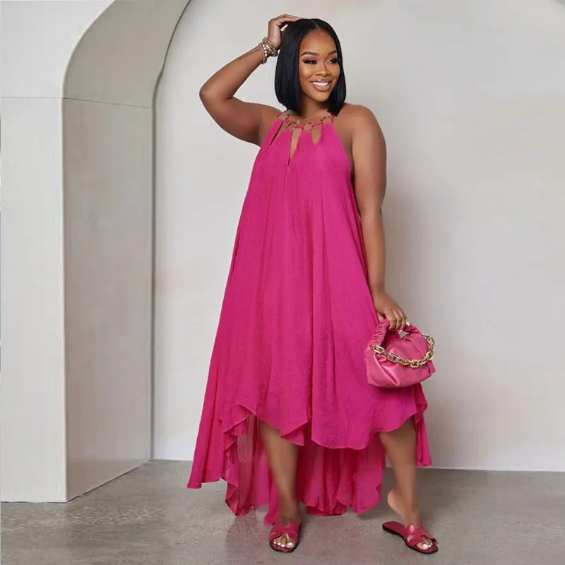 

Wepbel Sexy Large Dress Women Summer Solid Color Loose Pullover Metal Decorative Dress Spaghetti Strap Irregular Hem Dress