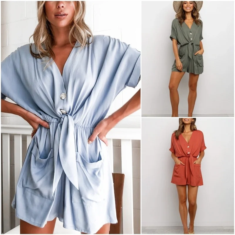 Western Style Summer Ins Short-sleeved V Neck Loose Single-breasted Women Jumpsuit Casual Pockets Solid Shorts Lace Romper 2021 colorful preppy style flower knit cardigans sweater women v neck loose elegaht thicked pull femme print short casual coat 2021