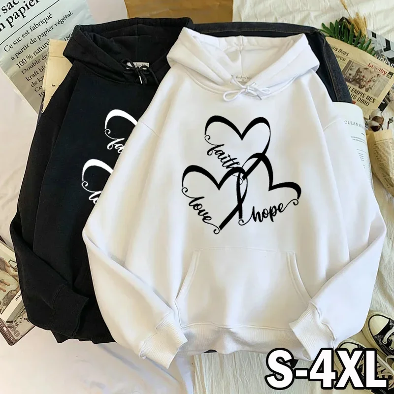 

New Fashion Women's Long Sleeve Hooded Sweatshirt Casual Sports Faith Hope Love Print Crew Neck Outdoor Tops Female Hoodie