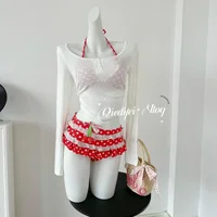 2025 New Bikini Set Three-Piece Cherry Design Summer Vacation Swimsuit Cute Girl Beach Holiday Pure Desire Ins Style