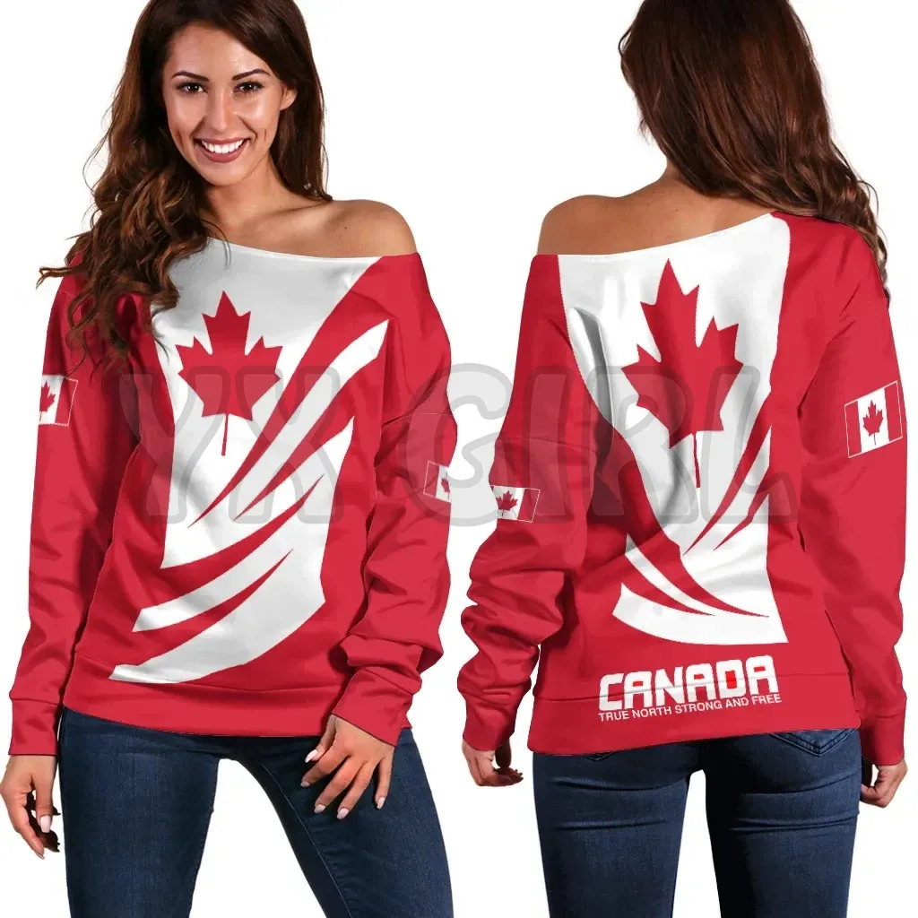 YX GIRL Off Shoulder Sweater Canada Day True North Strong And Free 3D Printed Novelty Women Casual Long Sleeve Sweater Pullover