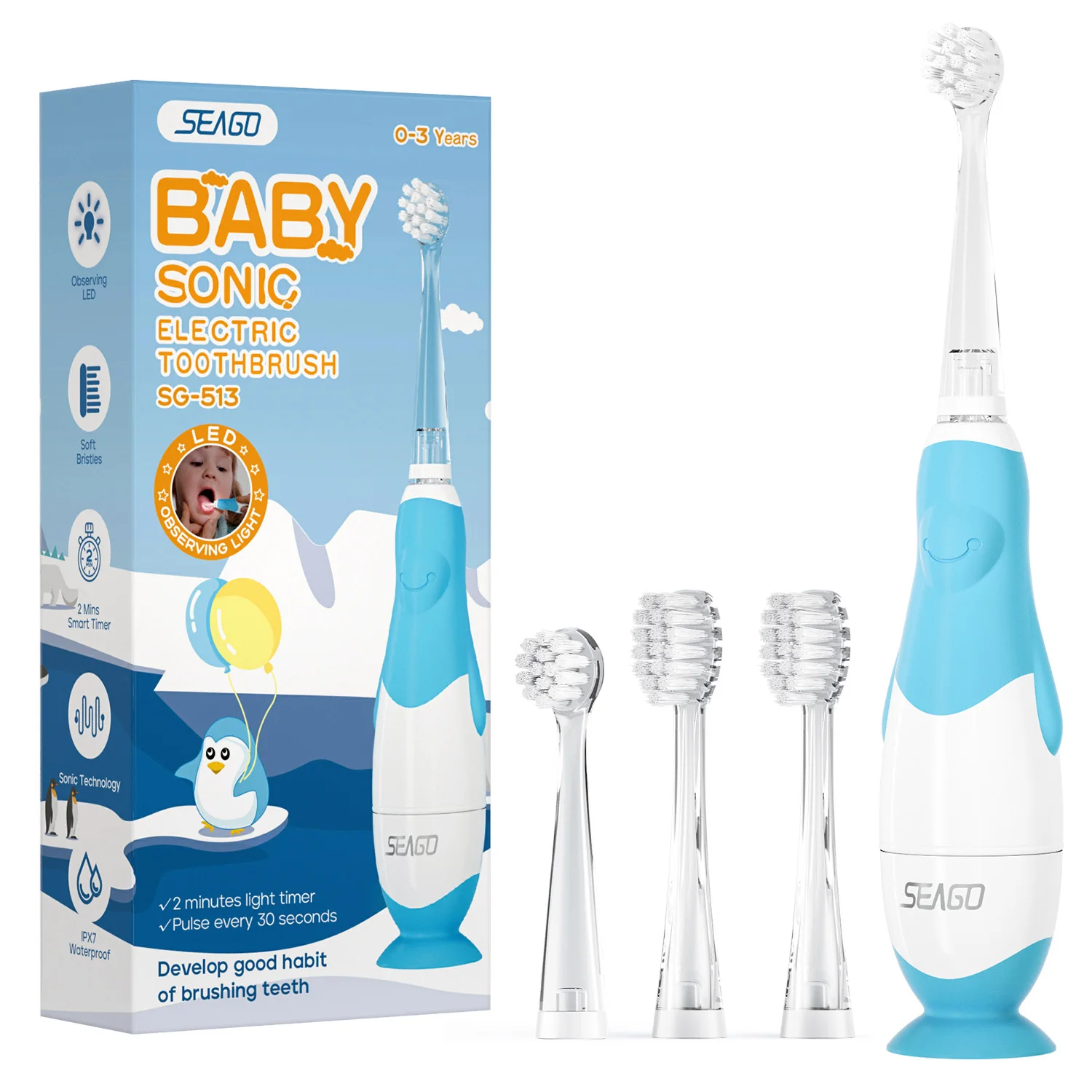 Seago Kids Electric Toothbrush Sonic Toothbrush with Observing Light Replaceable Brush Head Child Cartoon Smart Timer Waterproof kids electric toothbrush