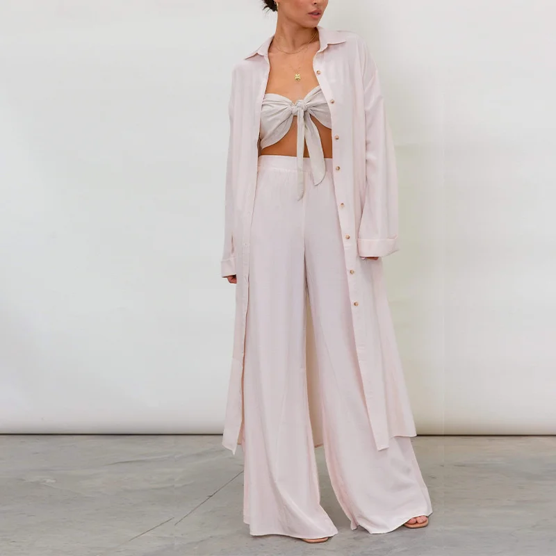 2023 Set Extra Long Single Breasted Shirt High Waist Wide Leg Pants Two Piece Set Sweat Suits Women Matching Sets