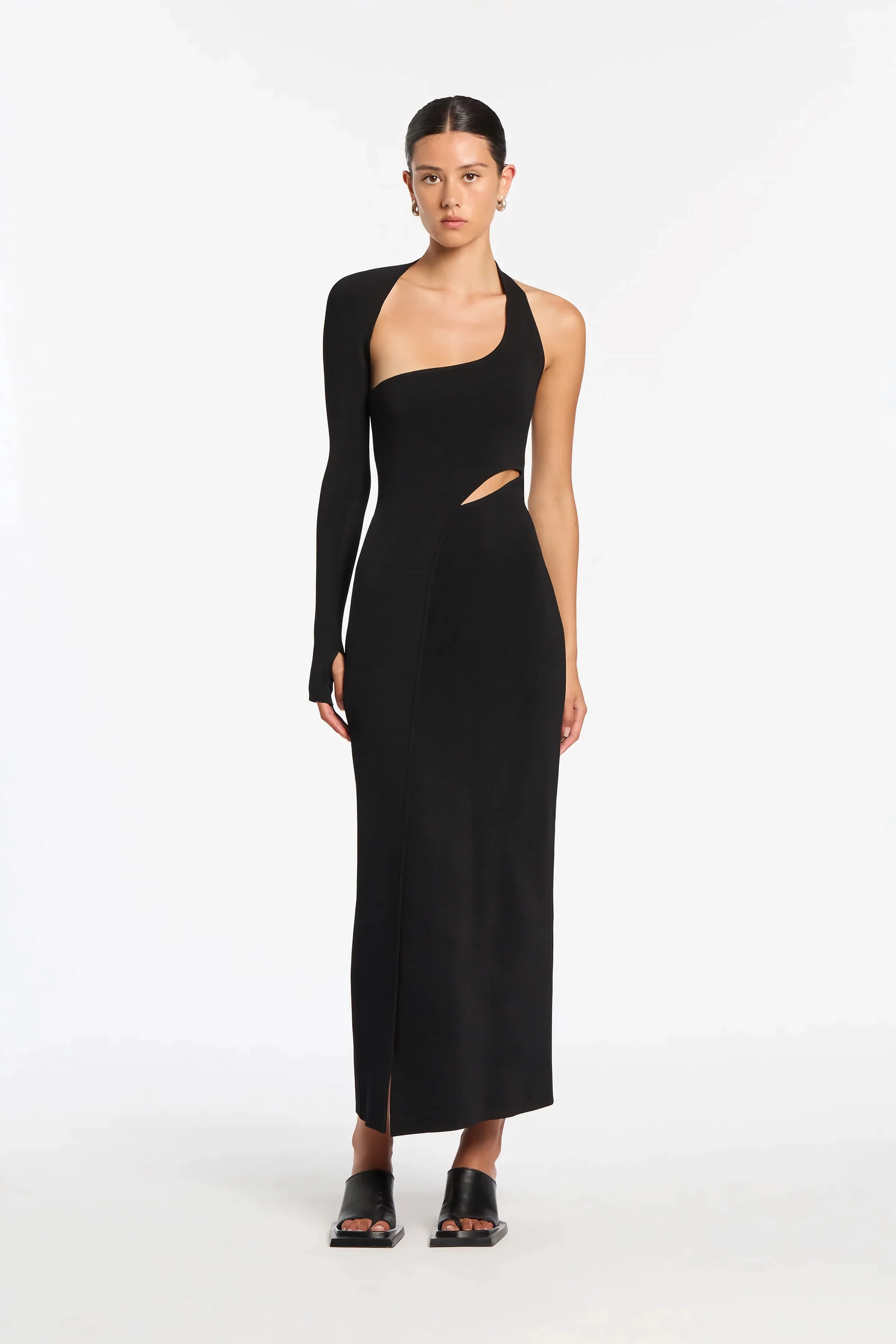 

Sexy Slim Dress Alluring Deep V Single-Sleeved Strap Dress with Elegantly Irregular Long Sleeves Accentuating Charming Curves