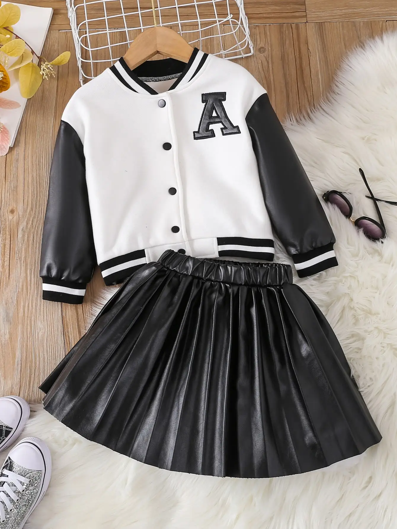 Girl's PU Leather Jacket with Pleated Faux Leather Skirt 1