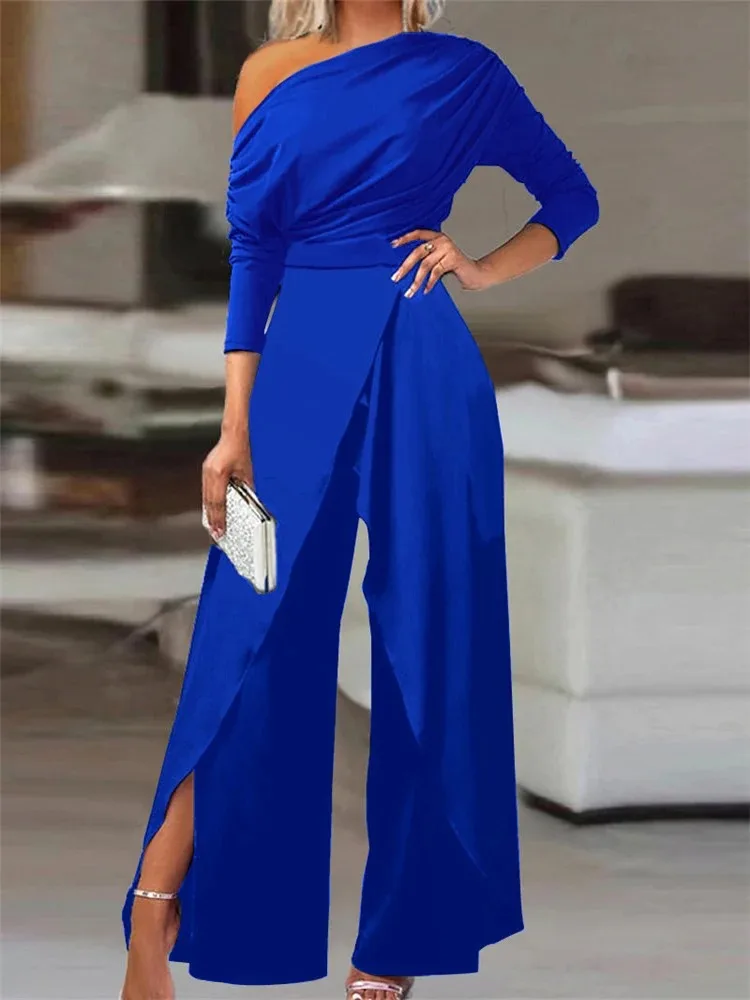 Elegant Jumpsuits for Women Spring New Plain Elegant Office Lady Loose Ruched Cold Shoulder Split Hem Wide Leg Jumpsuit OFE04