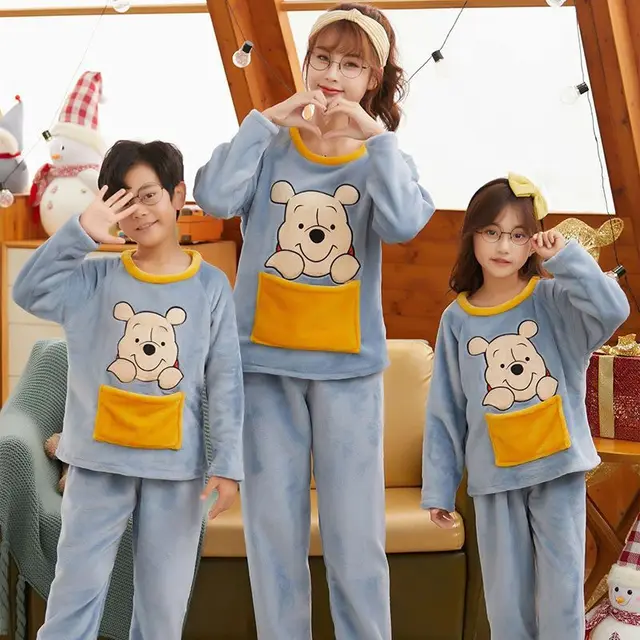 Disney Winnie The Pooh Winter Coral Fleece Parent-child Pajamas for A Family of Three Thickened Cartoon Flannel Homewear Suit