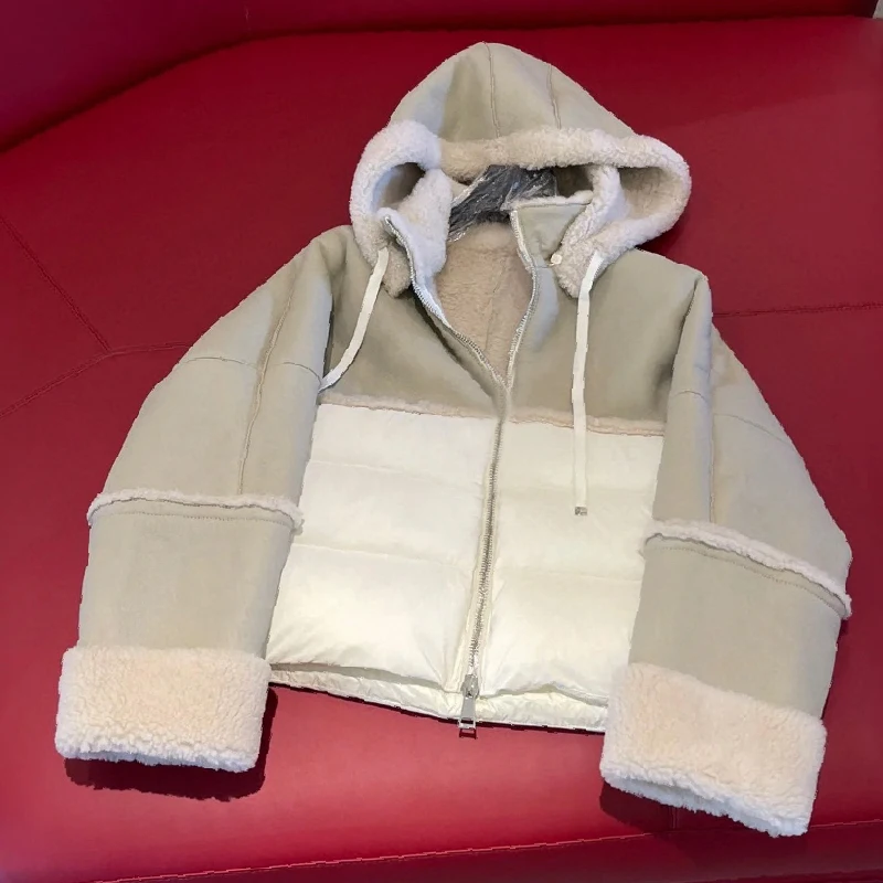 NIGO 여성용 컬러 블로킹 레저 짧은 섹션 퍼 원 다운 재킷 코트, 가을 및 겨울 패션, Ngvp  nigo7378
