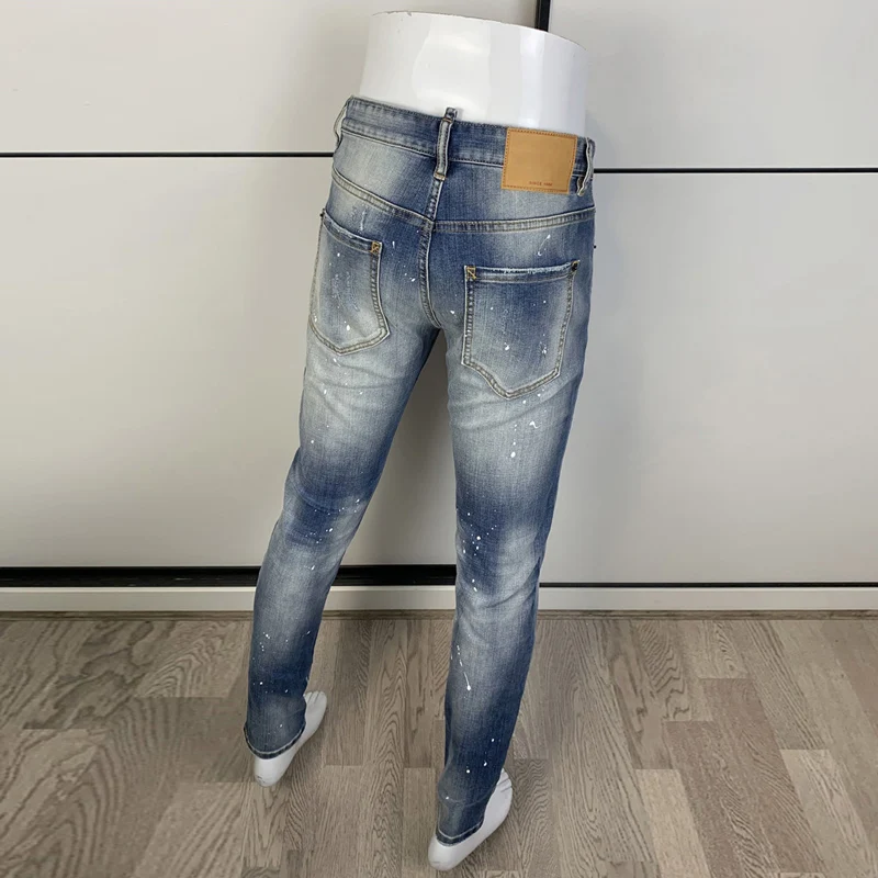 Street Fashion Men Jeans Retro Washed Blue Elastic Stretch Slim Fit Ripped Jeans Men Patched Designer Hip Hop Brand Pants Hombre