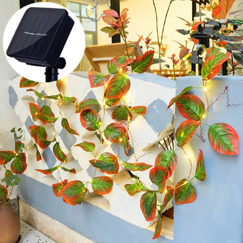 

Светодиодная гирлянда с искусственными зелеными листьями на солнечной батарее, новогоднее, рождественское, свадебное украшение, наружное освещение, солнечное освещение для сада