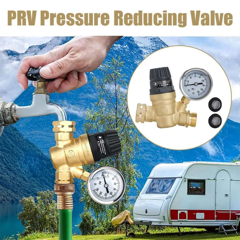 

3/4 Inch Water Pressure Regulator Brass Pressure Reducing Valve with Gaug and 2 Filters for Camper/Garden Hose/Travel Trail V9B9