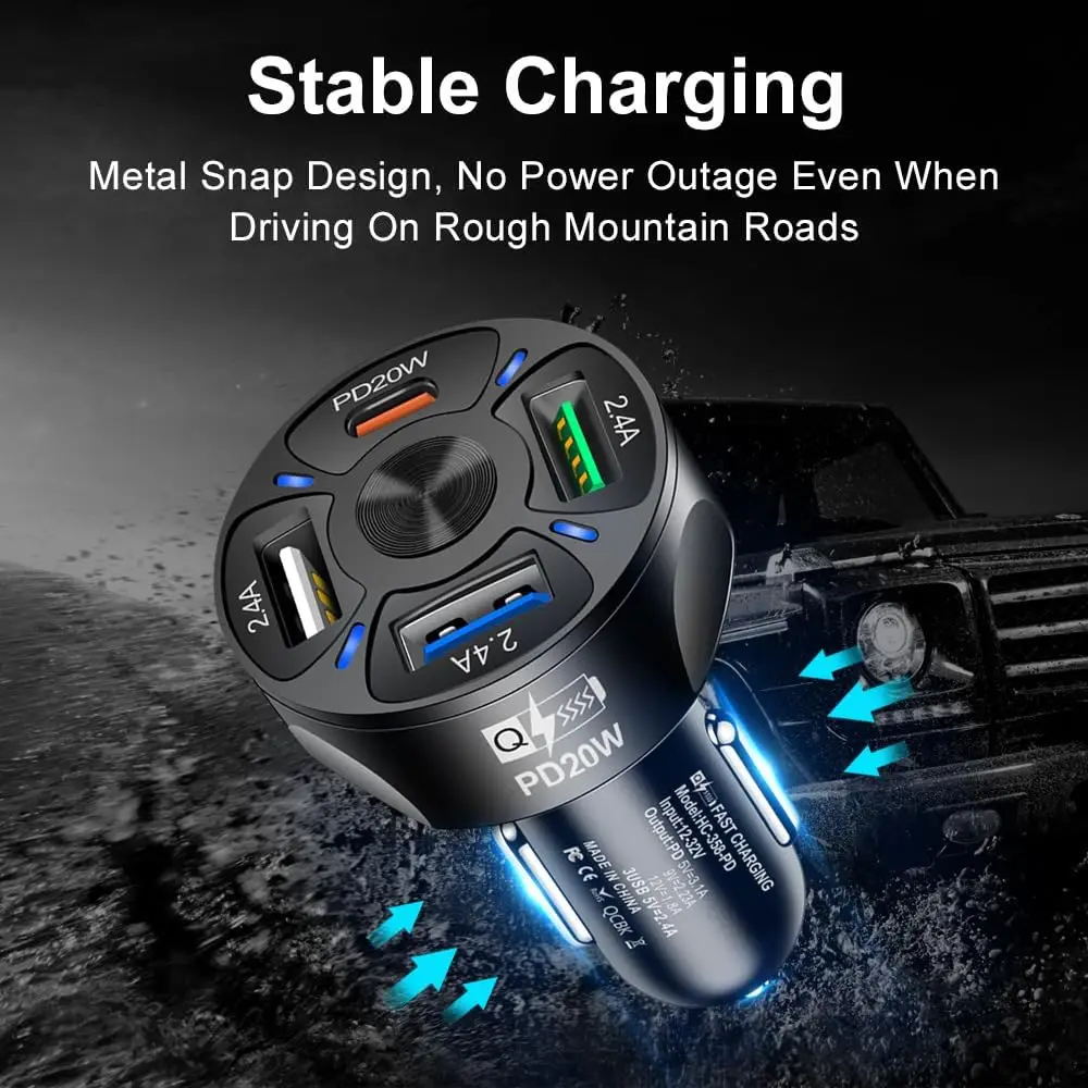 Fast Car Charger with 5 Ports and PD QC3.0 for iPhone and Android