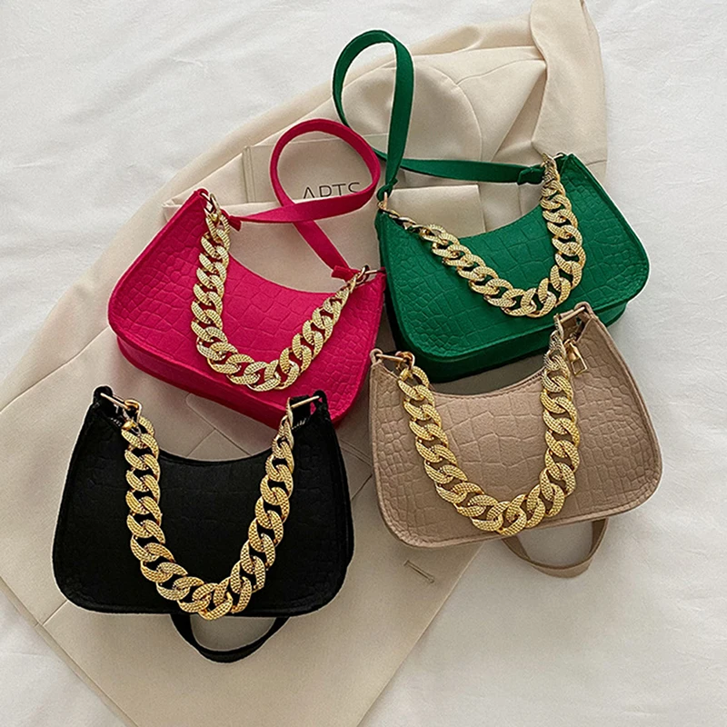 

Shoulder Underarm Bags Vintage Leather Solid Color Casual For Women Fashion Thick Chain Ladies Simple Small Shoulder Handbags