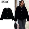 معطف فرو صناعي قصير من HXAO للنساء للخريف بأكمام طويلة سترة سوداء قطيفة ملابس خارجية معاطف نسائية شتوية دافئة فروي سترات