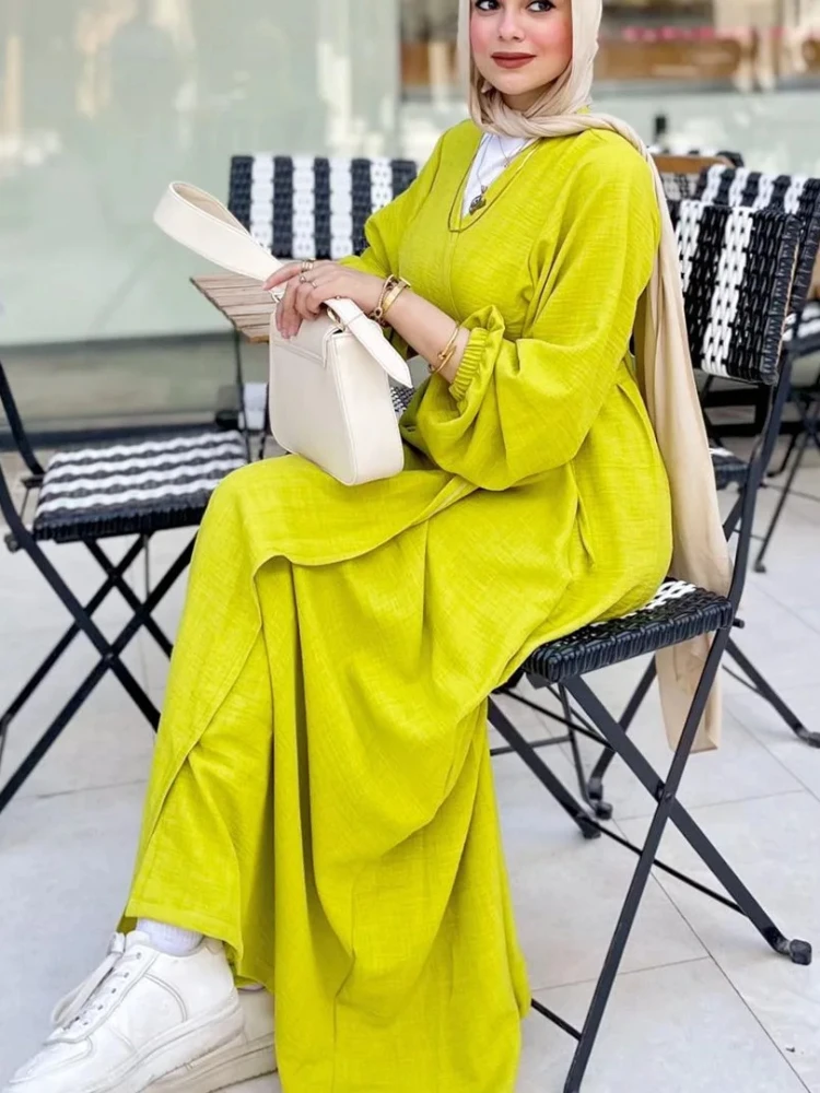 

Рамадан, мусульманское женское платье с V-образным вырезом, кардиган с поясом, кафтан, арабский, мусульманский, однотонный, повседневный длинный халат, Марокко, Jalabiya