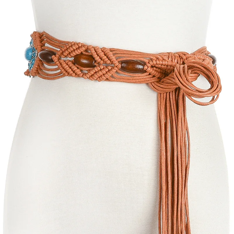 

2023 Style Rope Vintage handmade Knitted Designer Belts Gift For dress With beaded Wide Waistband belt BL322