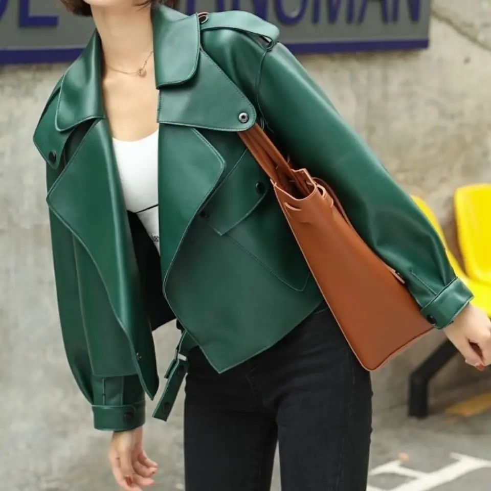 Red Leather Jacket for Ladies, Genuine Sheepskin Outerwear, Short Version, Loose Motorcycle Jacket, Spring and Autumn Tops