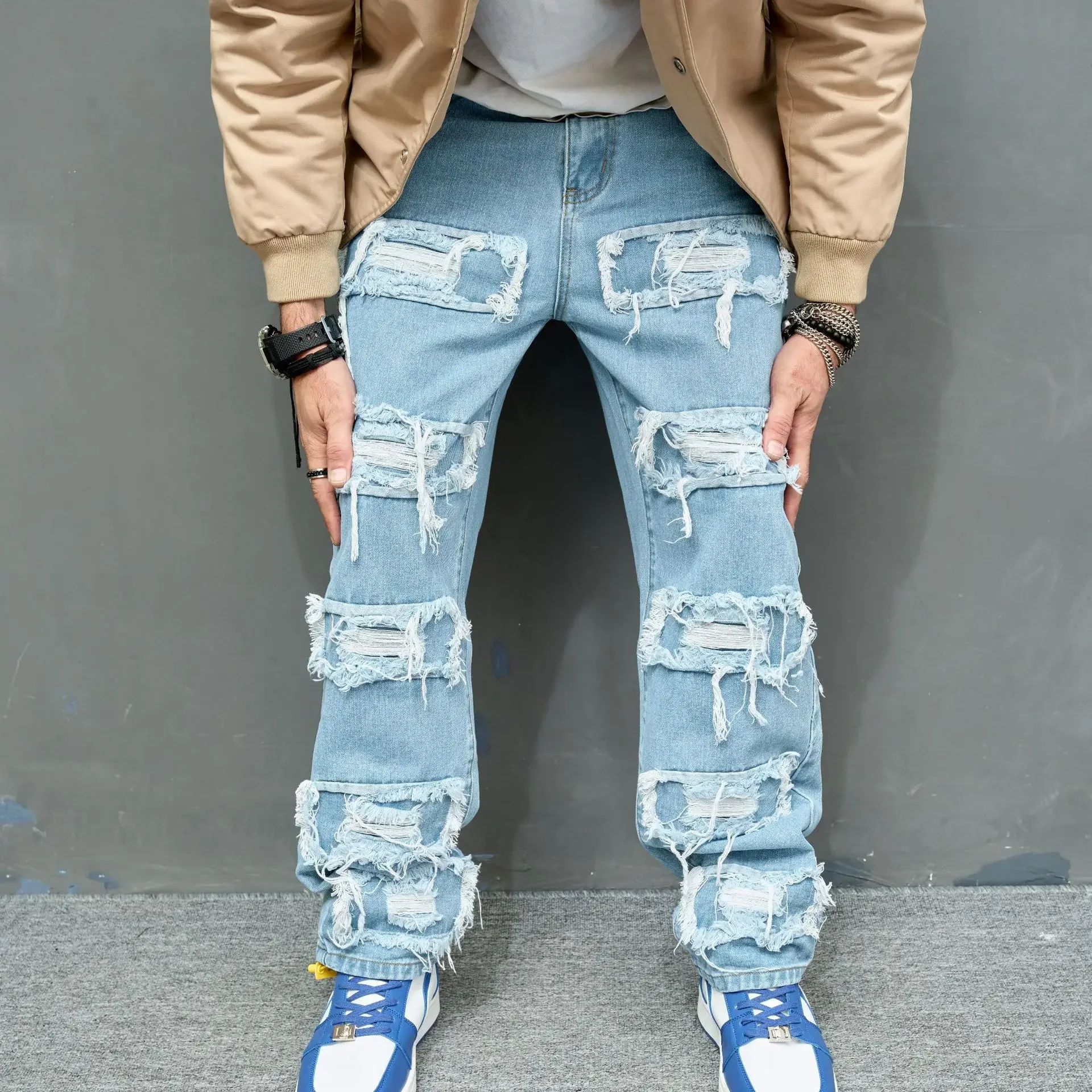 European and American Fashion Youth Bionic Jeans Solid Color Slim-Fit Ripped Stretch Jeans