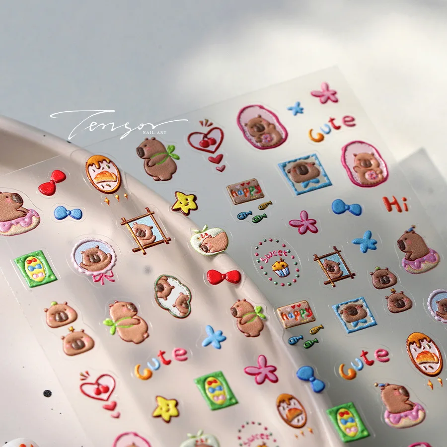 Lovely Capybara Cartoon Doodle 5D Soft Embossed Reliefs Self Adhesive Nail Art Sticker Cute Hamster 3D Manicure Decals nail stickers decorative stickers nail art decoration nail decals