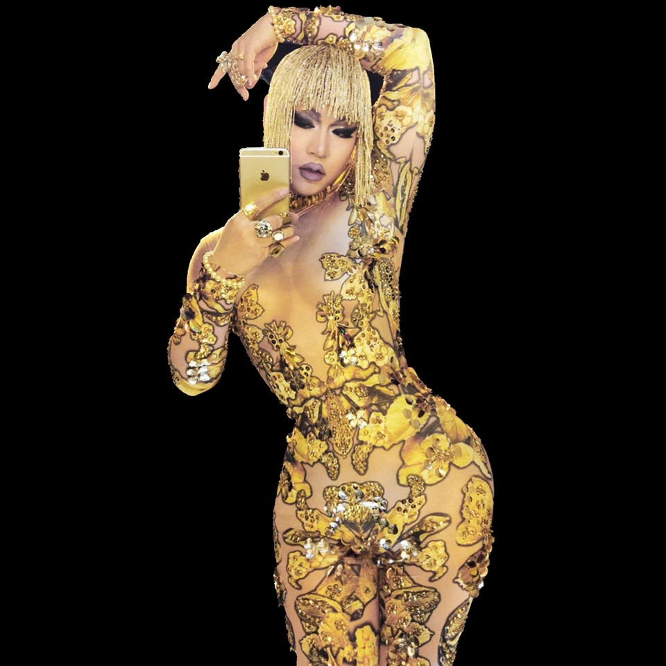 

One-piece Bodysuit Birthday Oufits Jumpsuit Fashion Golden Rhinestones Sequins Rompers Women Singer Dancer Loose Pants Costume