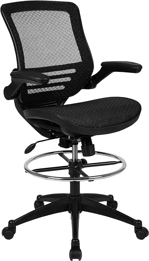 

Прозрачное серое Сетчатое чертежное кресло со средней спинкой с белой рамкой и откидными дужками