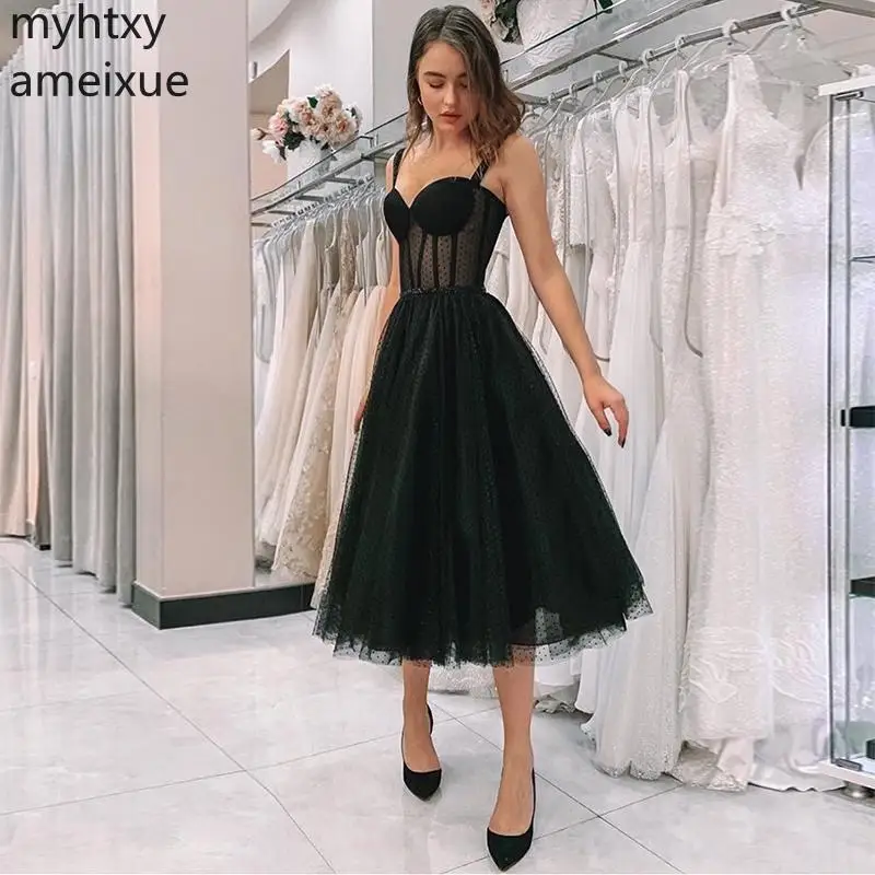 

New Black Sexy Prom Dress 2023 Spaghetti Strap Polka Dot Tulle Tea Length Formal Party Gowns Short Vestido De Festa Plus Size