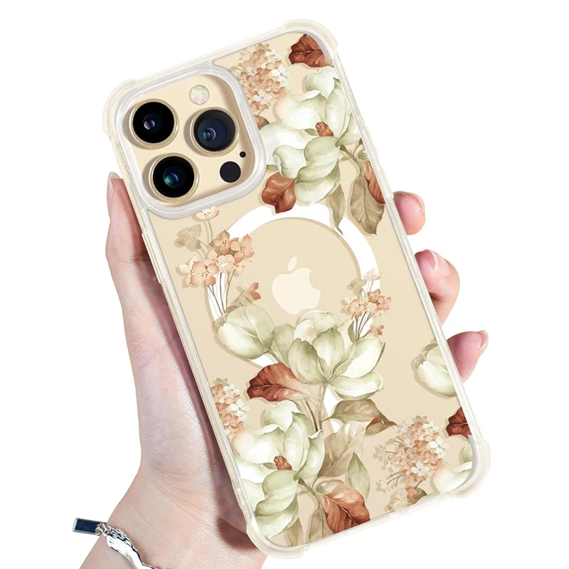 

For iPhone 14 Pro Max Case Compatible with MagSafe Screen Camera Lens Protector Floral Pattern Clear Slim Shockproof Cover Women