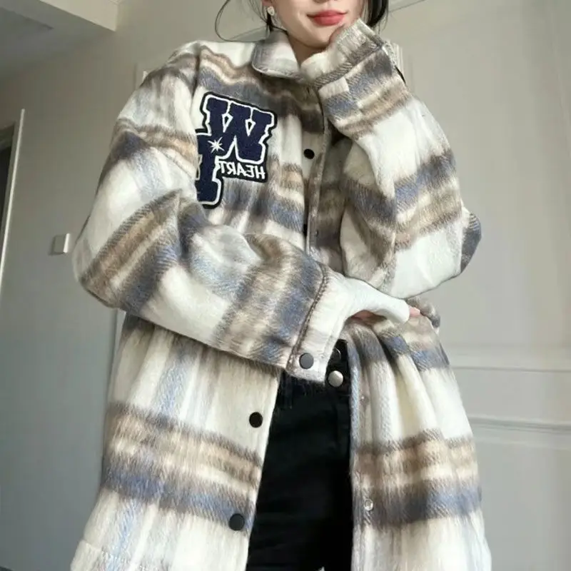 Woolen Jacket Single-Breasted Coat Retro Women Autumn Winter Loose Plaid Fashionable Versatile Jacket 2023 New