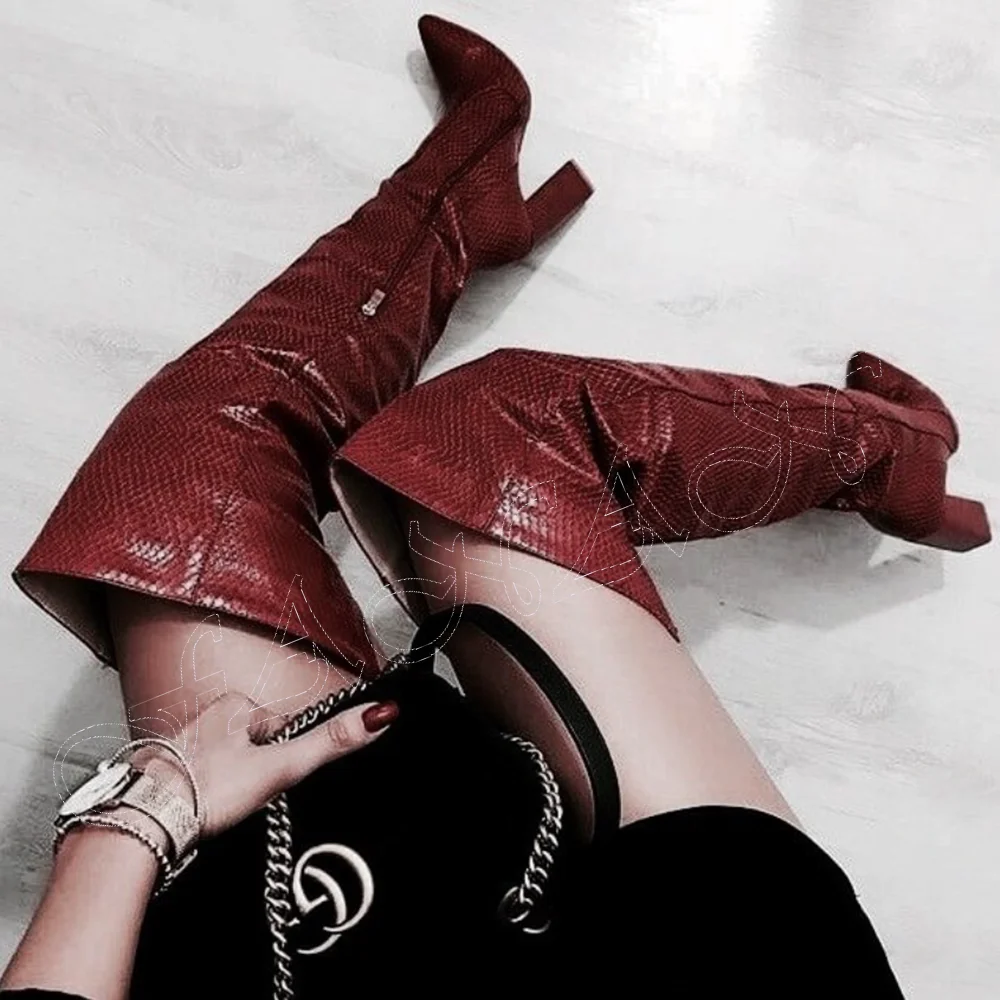 

Stone Print Thigh High Boots Side Zipper Chunky Heel Square High Heel Shoes for Women Toe Shoes 2023 New Zapatos Para Mujere